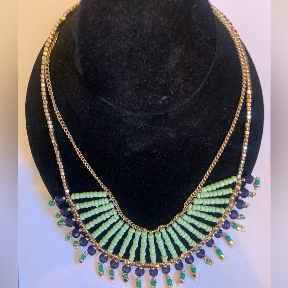 Downeast Basics green and blue beaded statement necklace. NWT